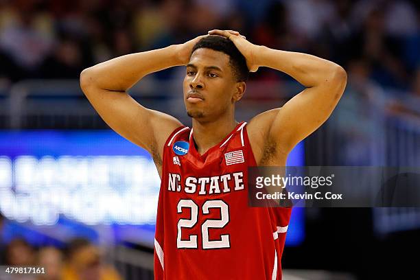 Ralston Turner of the North Carolina State Wolfpack reacts after missed basket against the Saint Louis Billikens during the second round of the 2014...