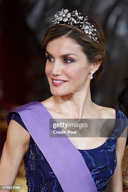 Queen Letizia of Spain receives Peruvian President Ollanta Humala Tasso at the Royal Palace on July 7, 2015 in Madrid, Spain.