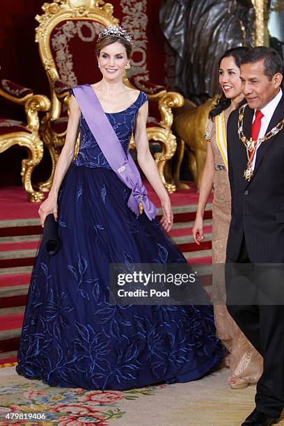 Queen Letizia of Spain receive Peruvian President Ollanta Humala Tasso and wife Nadine Heredia Alarcon at the Royal Palace on July 7, 2015 in Madrid,...