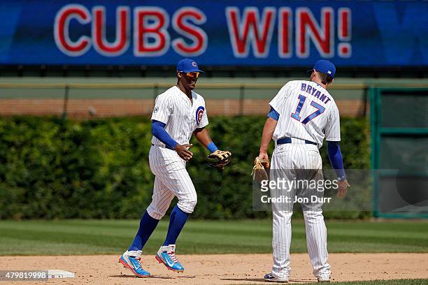 Jorge Soler of the Chicago Cubs and Kris Bryant celebrate their win over the St. Louis Cardinals at Wrigley Field on July 7, 2015 in Chicago,...