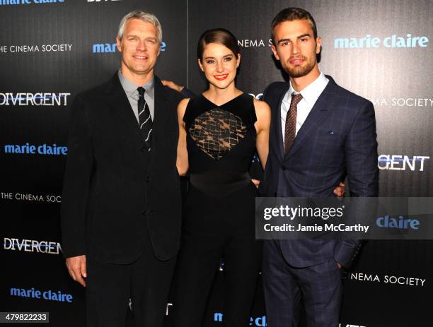 Director Neil Burger, Shailene Woodley and Theo James attend the Marie Claire & The Cinema Society screening of Summit Entertainment's "Divergent" at...