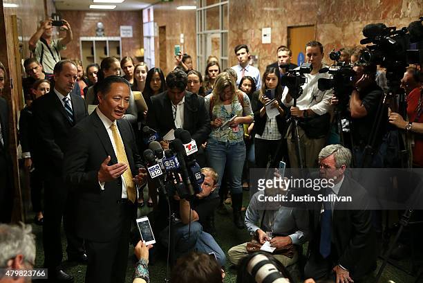 San Francisco public defender Jeff Adachi speaks with reporters after the arraignment for Francisco Sanchez on July 7, 2015 in San Francisco,...