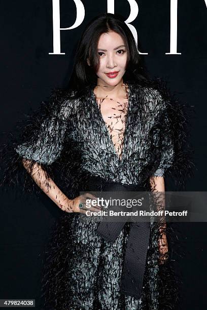 Guest attends the Giorgio Armani Prive show as part of Paris Fashion Week Haute-Couture Fall/Winter 2015/2016. Held at Palais de Chaillot on July 7,...