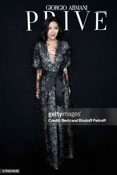 Guest attends the Giorgio Armani Prive show as part of Paris Fashion Week Haute-Couture Fall/Winter 2015/2016. Held at Palais de Chaillot on July 7,...