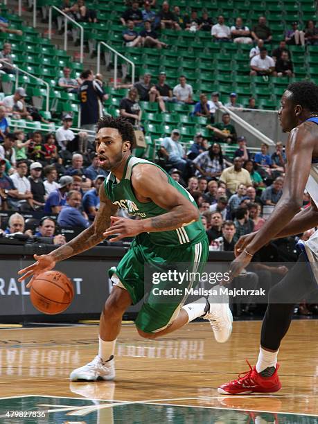 James Young of the Boston Celtics drives to the basket against the Philadelphia 76ers during the NBA Summer League on July 6, 2015 at EnergySolutions...