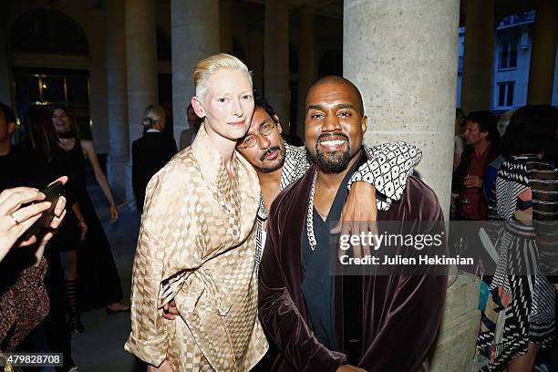 Tilda Swinton, Haider Ackermann and Kanye West attends the mytheresa.com & Haider Ackermann Dinner At Le Grand Vefour as part of Paris Fashion Week...