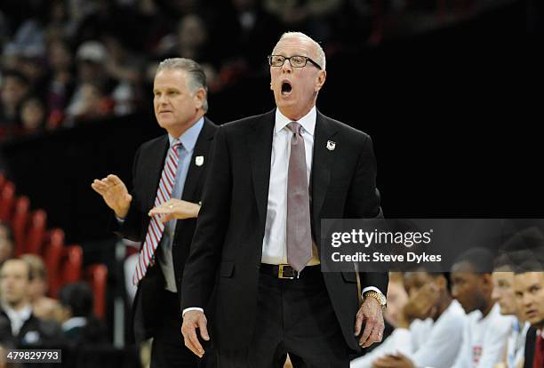 Head coach Steve Fisher of the San Diego State Aztecs yells at his team during the game against the New Mexico State Aggies in the second round of...