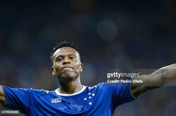 Julio Baptista of Cruzeiro celebrates during the match between Cruzeiro v Defensor for the Copa Briedgestone Libertadores 2014 at Mineirao stadium on...