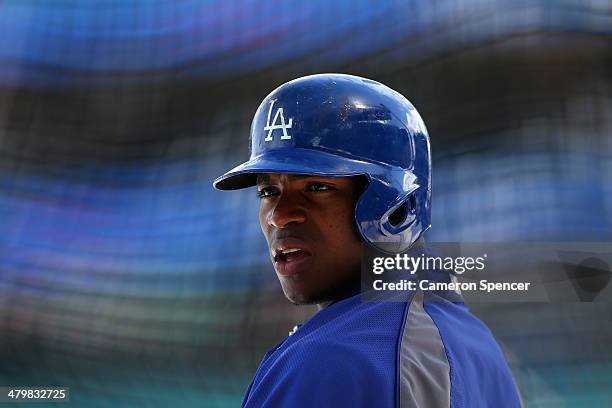 Yasiel Puig of the Dodgers looks on during a Los Angeles Dodgers MLB training session at Sydney Cricket Ground on March 21, 2014 in Sydney, Australia.