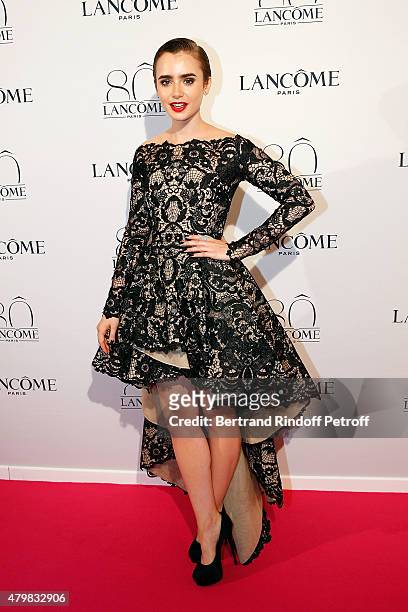 Lily Collins attends the Lancome 80th anniversary party as part of Paris Fashion Week Haute Couture Fall/Winter 2015/2016 on July 7, 2015 in Paris,...