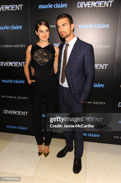 Shailene Woodley and Theo James attend the Marie Claire & The Cinema Society screening of Summit Entertainment's "Divergent" at Hearst Tower on March...