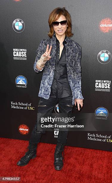 Musician Yoshiki arrives at the 2nd Annual Rebels With A Cause Gala at Paramount Studios on March 20, 2014 in Hollywood, California.