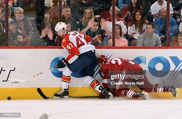 Colby Robak of the Florida Panthers advances the puck along the boards in front of a fallen Kyle Chipchura of the Phoenix Coyotes during the third...