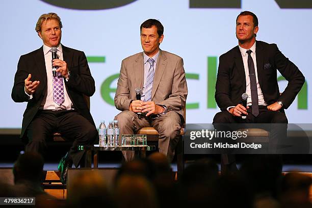 Former Hawks player Dermott Brereton former Dockers coach Mark Harvey and former Kangaroos player Wayne Carey speak during the Riddell Football...