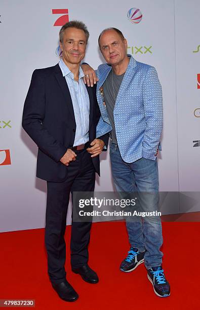 Hannes Jaenicke and Uwe Ochsenknecht attend the program presentation of the television channel ProSiebenSat.1 at Hamburg Cruise Centre Altona on July...