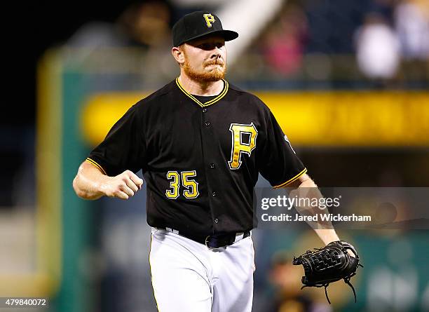 Mark Melancon of the Pittsburgh Pirates celebrates the 3-2 win against the San Diego Padres during the game at PNC Park on July 7, 2015 in...