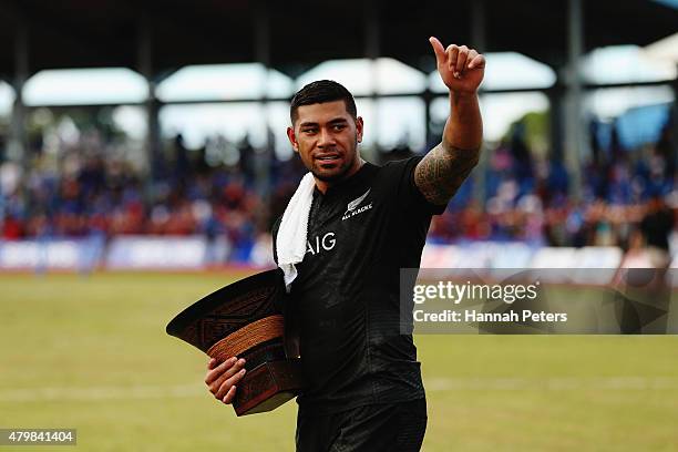 Charles Piutau of the New Zealand All Blacks thanks the crowd after winning the International Test match between Samoa and the New Zealand All Blacks...