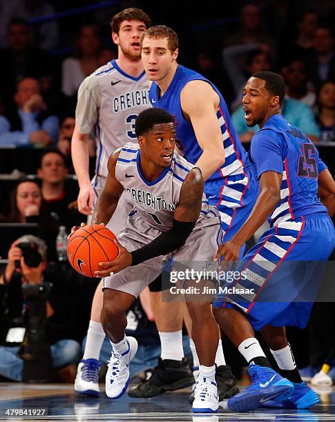 Austin Chatman of the Creighton Bluejays in action against the DePaul Blue Demons during the quarterfinals of the Big East Basketball Tournament at...