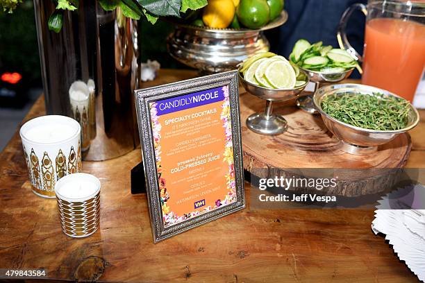 Pressed Juicery juices are displayed at VH1's "Candidly Nicole" Season 2 Premiere Event at House of Harlow at The Grove on July 7, 2015 in Los...