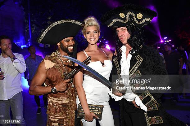 Joan Fevre, Playboy Playmate Sarah Nowak and Oliver Loewit attend the P1 summer party at P1 on July 7, 2015 in Munich, Germany.
