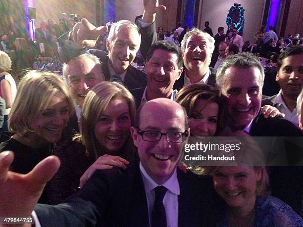 In this handout photo provided by Nick Robinson, Nick Robinson takes a 'selfie' with news readers Emily Maitlis, Alastair Stewart, Mary Nightingale,...