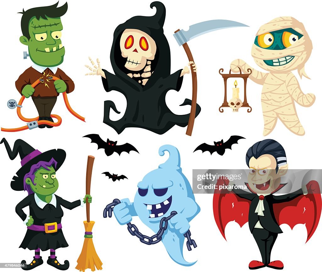 Conjunto De Personajes De Dibujos Animados Halloween Con Pantalla Plana  Ilustración de stock - Getty Images