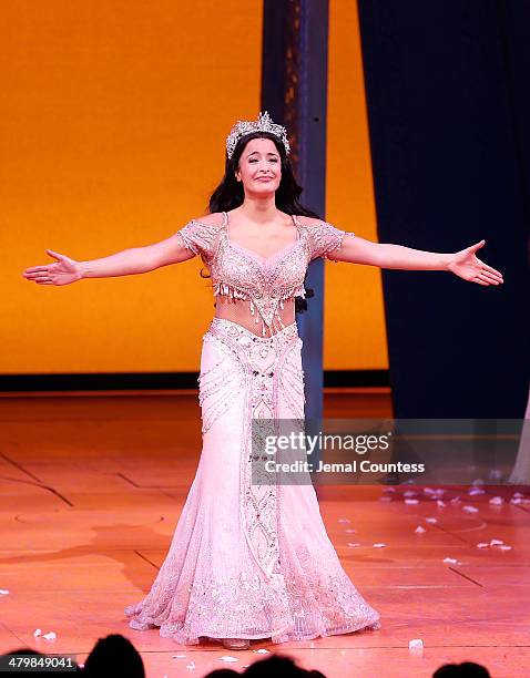 Actress Courtney Reed takes a bow during curtain call at the the "Aladdin" On Broadway Opening Night at New Amsterdam Theatre on March 20, 2014 in...