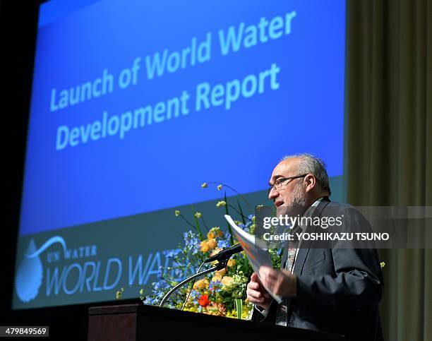 Michel Jarraud, secretary-general of the World Meteorological Organization delivers an opening speech during the "The Water-Energy Nexus" conference...