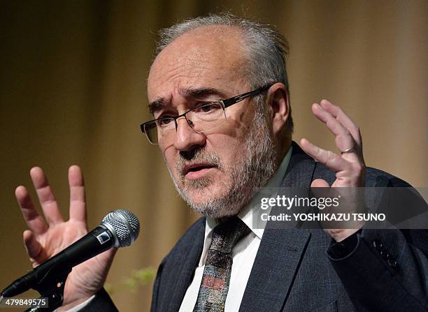 Michel Jarraud, secretary-general of the World Meteorological Organization delivers an opening speech during the "The Water-Energy Nexus" conference...