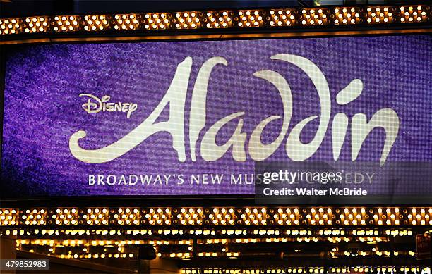 Theatre Marquee for the "Aladdin" On Broadway Opening Night at New Amsterdam Theatre on March 20, 2014 in New York City.