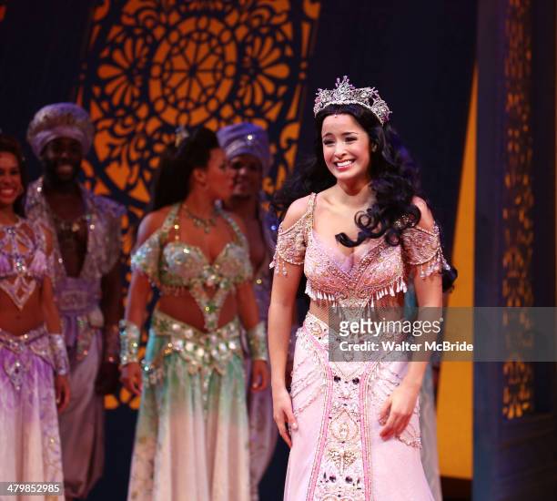 Courtney Reed and cast during the Broadway Opening Night Performance Curtain Call for Disney's 'Aladdin' at the New Amsterdam Theatre on March 20,...