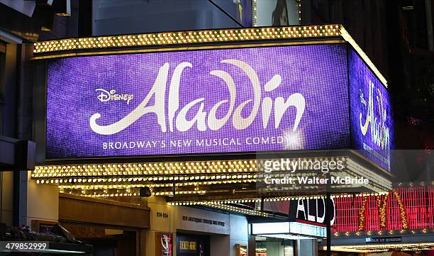 Theatre Marquee for the "Aladdin" On Broadway Opening Night at New Amsterdam Theatre on March 20, 2014 in New York City.