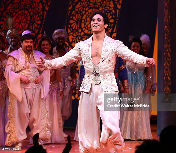 Adam Jacobs and cast during the Broadway Opening Night Performance Curtain Call for Disney's 'Aladdin' at the New Amsterdam Theatre on March 20, 2014...