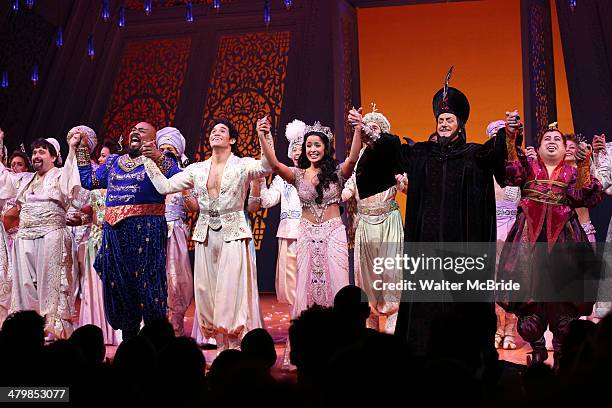 James Monroe Iglehart, Adam Jacobs, Courtney Reed, Jonathan Freeman, Don Darryl Rivera and cast during the Broadway Opening Night Performance Curtain...