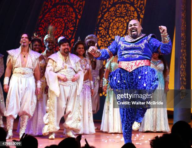 James Monroe Iglehart and cast during the Broadway Opening Night Performance Curtain Call for Disney's 'Aladdin' at the New Amsterdam Theatre on...