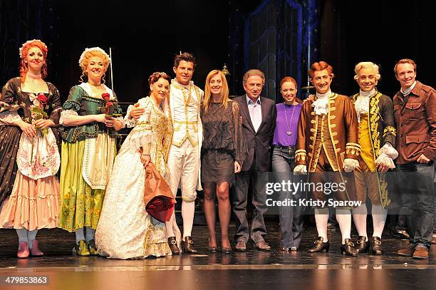 Manon Taris , Vincent Niclo , Lara Fabian , Michel Drucker , Natasha St-Pier and Stephane Rotenberg pose onstage during 'The Beauty And The Beast'...