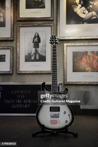 Mike Mushok Baritone Silverburst electric guitar belonging to American rock guitarist Warren Haynes, photographed before a live performance with...