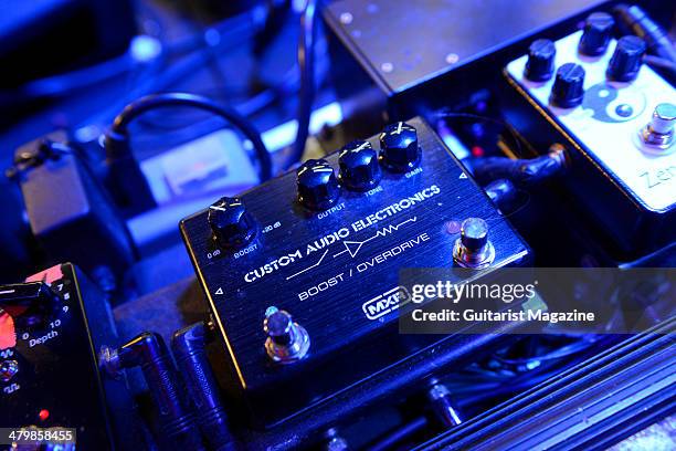 Custom Audio Electronics MXR Boost/Overdrive effects pedal belonging to American rock guitarist Warren Haynes, photographed before a live performance...