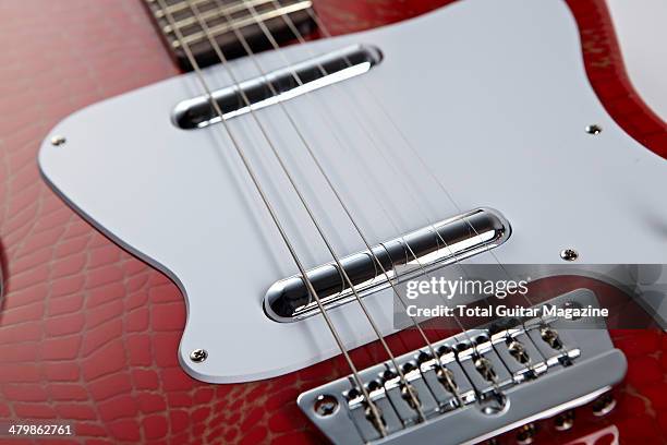 Detail of the lipstick single coils on a Danelectro '67 Heaven Hawk electric guitar, taken on July 4, 2013.