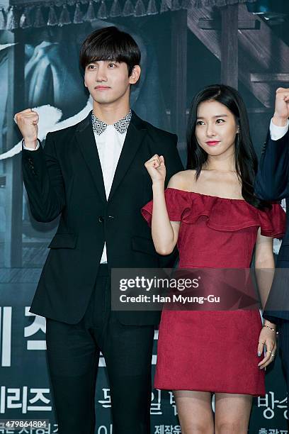 South Korean actors Max of South Korean boy band TVXQ and Kim So-Eun attend the press conference for MBC Drama 'The Scholar Who Walks The Night' on...