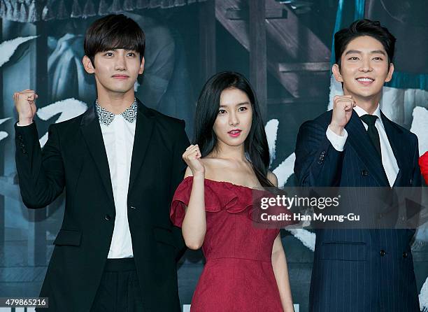 South Korean actors Max of South Korean boy band TVXQ , Kim So-Eun and Lee Jun-Ki attend the press conference for MBC Drama 'The Scholar Who Walks...