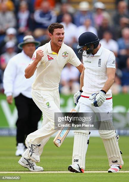 Josh Hazlewood of Australia celebrates after taking the wicket of Adam Lyth of England during day one of the 1st Investec Ashes Test match between...