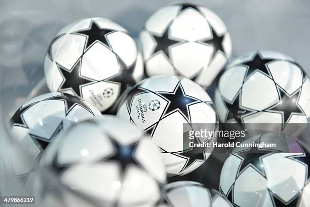 Draw balls are prepared for the UEFA Champions League 2013/14 season quarter-finals draw at the UEFA headquarters, The House of European Football, on...