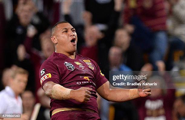 Josh Papalii of the Maroons celebrates scoring a try during game three of the State of Origin series between the Queensland Maroons and the New South...