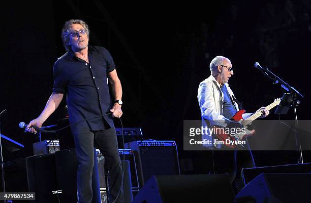 Roger Daltrey and Pete Townshend of The Who perform live on the Pyramid stage during the third day of Glastonbury Festival at Worthy Farm, Pilton on...