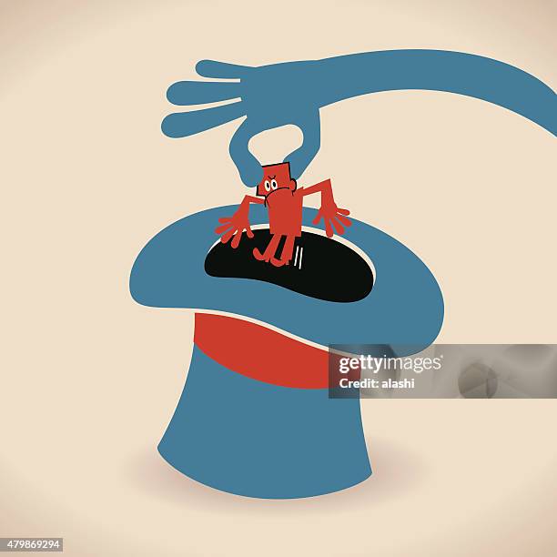 hand of magician pulling businessman out of top hat trick - flaccid stock illustrations