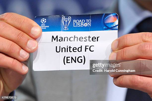 Manchester United FC is drawn during the UEFA Champions League 2013/14 season quarter-finals draw at the UEFA headquarters, The House of European...