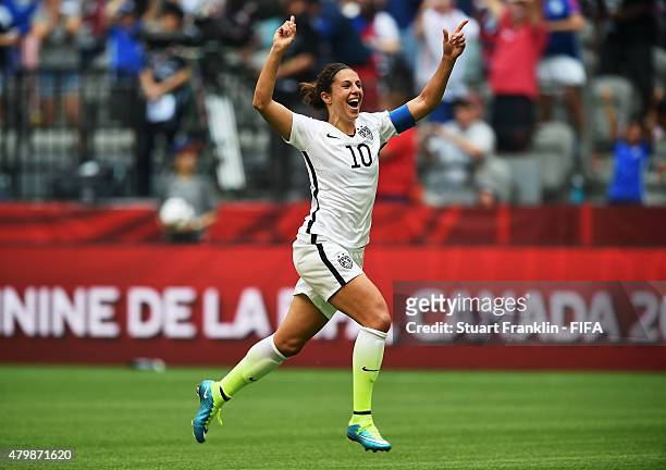 Carli Lloyd of USA celebrates scoring her third goal from the halfway line during the FIFA Women's World Cup Final between USA and Japan at BC Place...