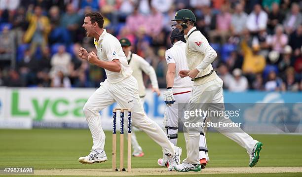 Australia bowler Josh Hazlewood celebrates after dismissing Adam Lyth for the first wicket of the Ashes series during day one of the 1st Investec...
