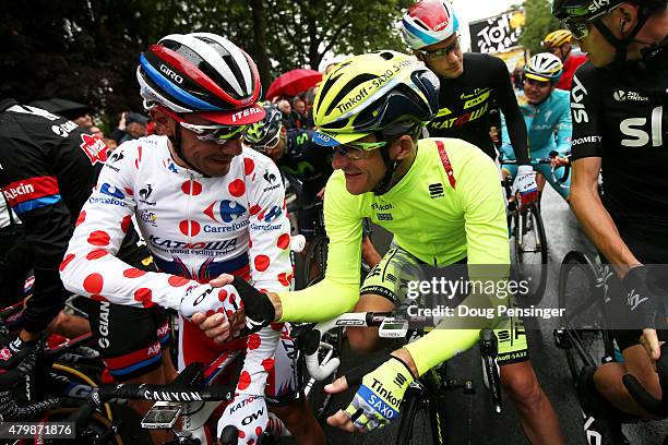 Joaquin Rodriguez Oliver of Spain and Team Katusha and Michael Rogers of Australia and Tinkoff-Saxo shake hands prior to stage five of the 2015 Tour...